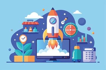 Obraz premium A colorful flat illustration depicts a rocket launching alongside creative tools and deadline reminders, Concept launch deadline, flat illustration.