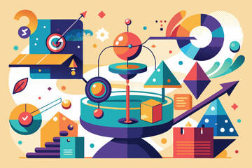 Obraz premium This artwork features vibrant geometric shapes symbolizing balance and transformation, showcasing creativity, Confusing, changeable, unbalanced picture