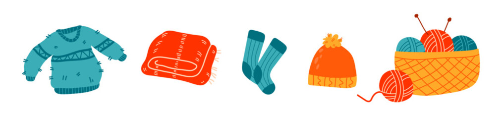 Yarn and threads, skein of wool, knitting needles, yarn basket, yarn set, hat, socks. Needlework, tools for knitting collection