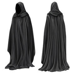 Naklejka premium Black cloak with hood, draped elegantly from multiple angles, isolated on a white background, transparent background.