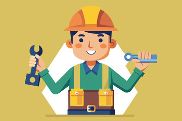 A cheerful construction worker is displaying keys and tools, symbolizing readiness for work on a project, Construction worker holding keys in a flat illustration is trending.