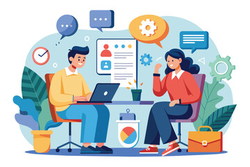 Two colleagues engage in a consultation to solve problems using a laptop and visual aids in an office, Consultation for problem solving, illustrated in a flat style.