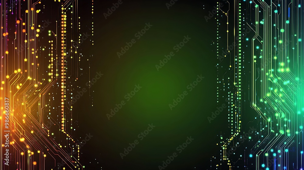 Poster abstract digital circuit board with green background and glowing lights.