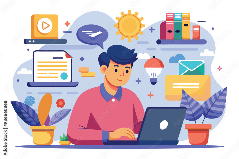 Poster a person is focused on producing digital content at a workspace filled with colorful elements and pl