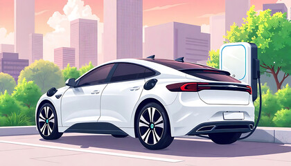 A white electric car getting charged at  station with skyscrapers and greenery in the background, Electric vehicle lifestyle, created with generative ai