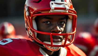 male football player with dark skin wearing a red helmet and uniform, baseball game concept, player in field, illustration created with generative ai