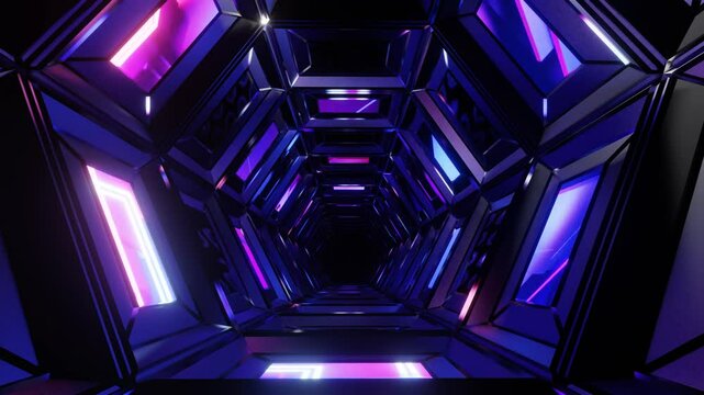 3d animated VJ loop of futuristic infinity neon pentagonal tunnel - for visual music videos