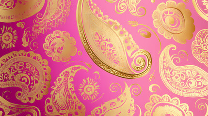 Vintage pink background with gold paisley patterns. Paisley. Illustration