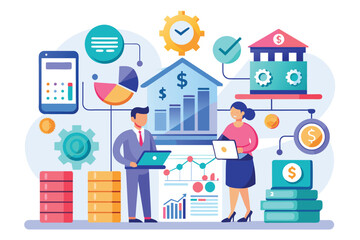 Naklejka premium Professionals analyze financial data using ledgers and charts in a contemporary workspace environment, Corporate finance concept using ledger accounts, simple illustration.