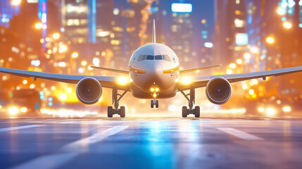 Fototapeta premium Airplane taking off from a busy city runway at dusk with bright city lights illuminating the scene