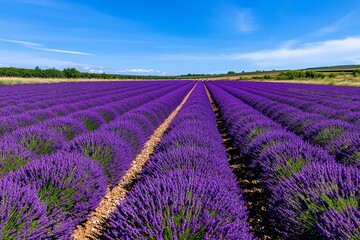 Obraz premium A field of lavender in full bloom, with rows of purple flowers stretching toward the horizon under a bright blue sky