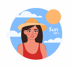 Sunny weather concept. Girl in a hat.  Flat vector illustration.