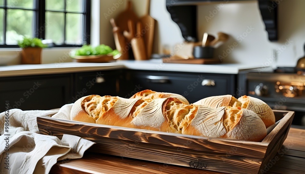 Wall mural Cozy kitchen filled with freshly baked artisan baguettes on rustic wooden trays