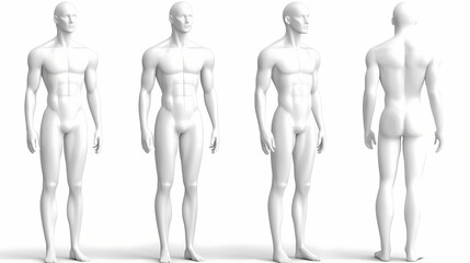 White plastic male mannequin for clothes. set from the side, front and back view. commercial equipment for shop windows. 3d illustration isolated on a white background. 3D Modeling. Illustration