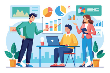 A team of coworkers engages in a discussion about data graphs and analysis around a laptop, Coworkers talking about analyzing data graphs with a flat illustration.