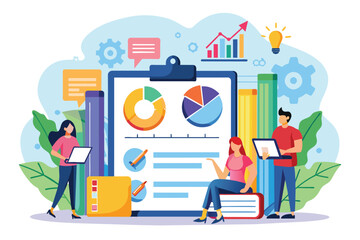 A team works on a monthly report, analyzing data charts and collaborating with digital devices, Create a monthly report with business data, using a flat illustration.