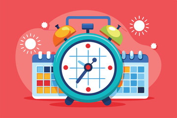 A vibrant alarm clock and calendar design illustrates scheduling tasks effectively each day, Create a schedule with a trending alarm and flat illustration.