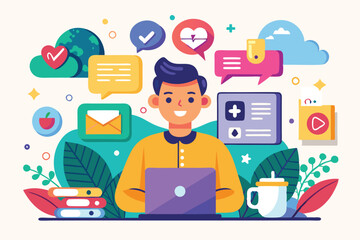 Fototapeta premium A cheerful young man engages with his laptop amid vibrant social media icons and elements symbolizing communication, Create a trendy, flat illustration for social media.