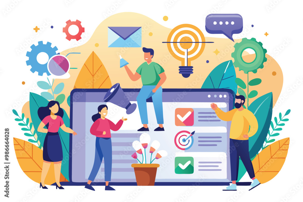 Aufkleber a colorful illustration depicting characters engaged in creating new leads through digital marketing