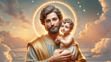 Religious image of a father holding his son in his arms, father's love