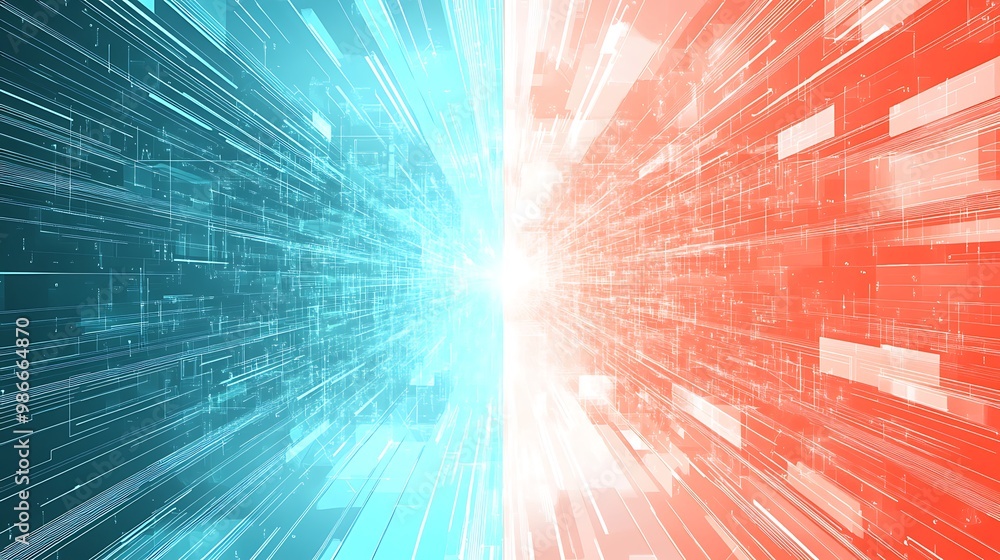 Poster abstract digital background with blue and red lines converging in the center, creating a sense of sp