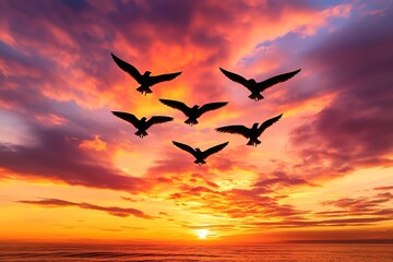 Obraz premium A flock of birds flying across a fiery sunset sky, with clouds painted in shades of orange, pink, and purple
