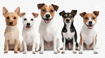 A group of five dogs are sitting in a row, all with different colors and sizes