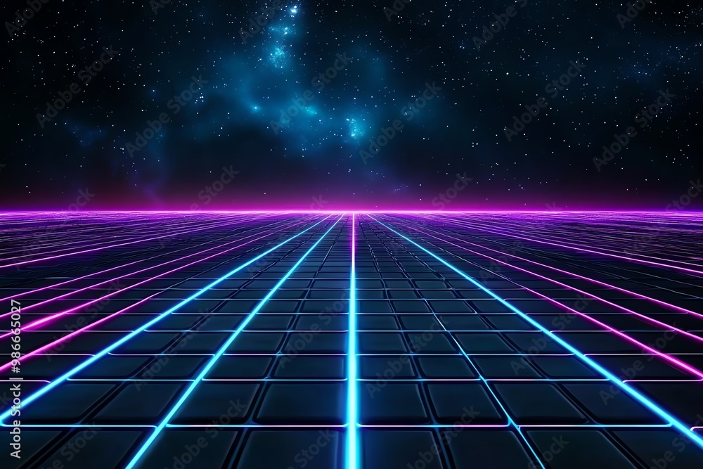 Poster a futuristic neon grid background, with glowing lines and a dark gradient, evoking a sci-fi atmosphe
