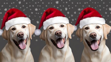 Three dogs wearing Santa hats are smiling and looking at the camera