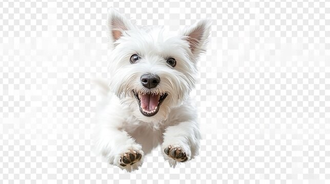 A white dog is jumping in the air and has its mouth open