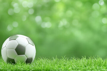 Fototapeta premium A soccer ball resting on lush green grass in a bright outdoor setting during daytime