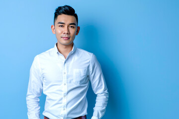 Full length portrait of young handsome southeast Asian millenial businessman looking at camera on light blue studio background