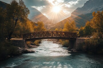 Fototapeta premium Stunning backlit bridge spanning a majestic mountain river surrounded by scenic peaks