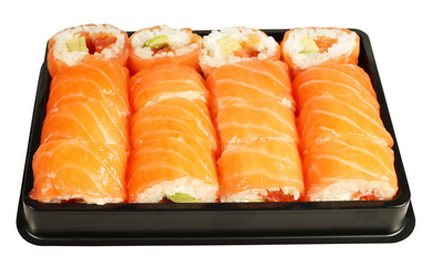 Sushi salmon raw fish with rice meal on plastic tray isolated on white background. Creative Japanese food concept 