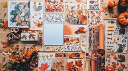 Obraz premium An assortment of autumn-themed stickers, washi tape, and other stationery items, perfect for decorating journals and planners.