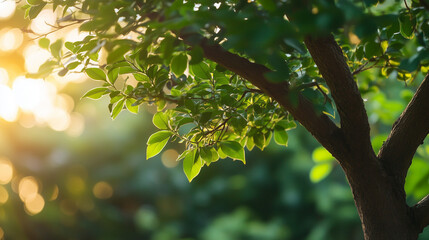 Fototapeta premium Sunlight filtering through lush green tree branches in a forest