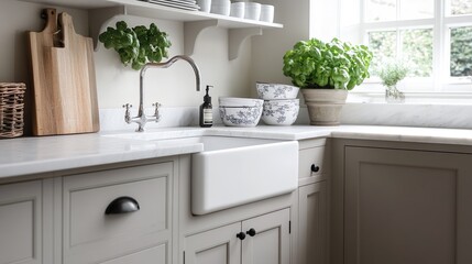 A kitchen with a sink and a wooden cutting board