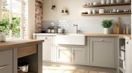 A kitchen with a white sink and a wooden counter
