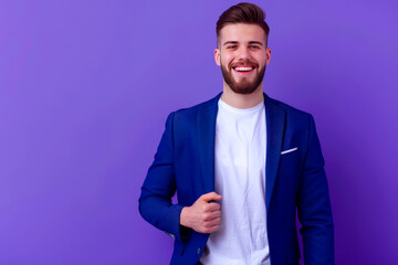 Full size body length happy young successful employee business man lawyer 20s wear formal blue suit white t-shirt work in office move hand in pocket isolated pastel purple background studio portrait