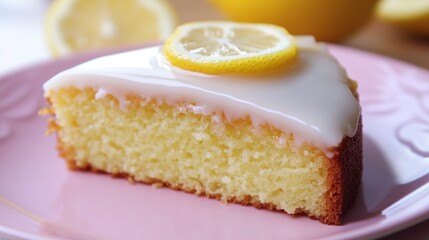 A slice of lemon cake with a lemon wedge on top