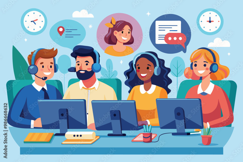 Poster customer service hotline operators assisting clients in a modern call center environment, customer s