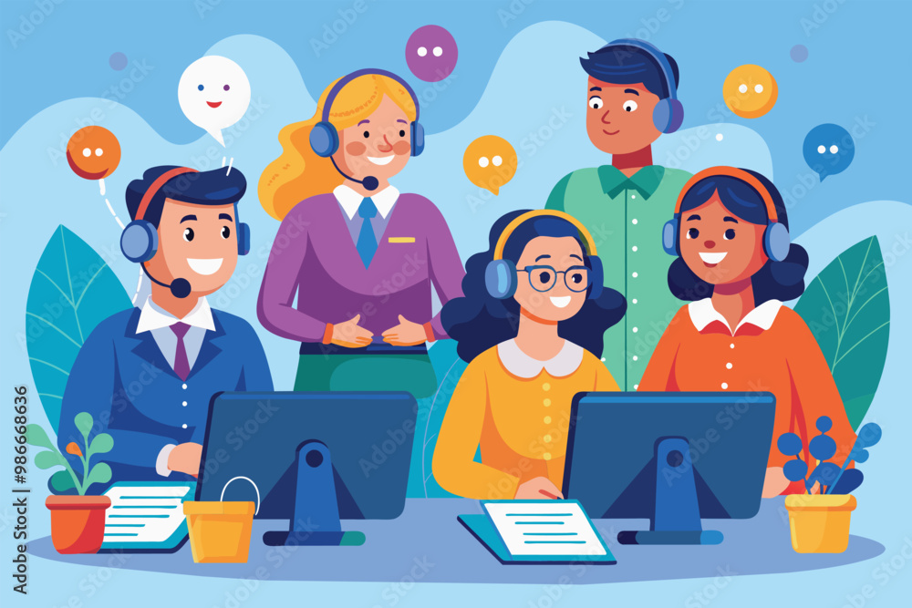 Aufkleber customer service hotline operators provide assistance to callers in a bright and engaging office env