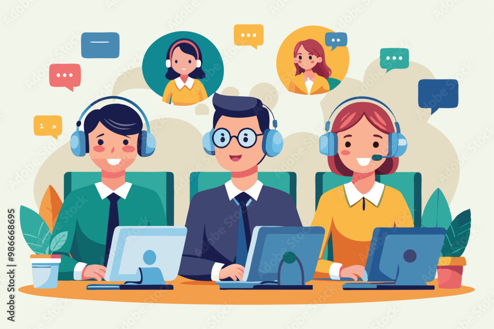 Poster three customer service hotline operators engage with clients, using headsets in a vibrant office set