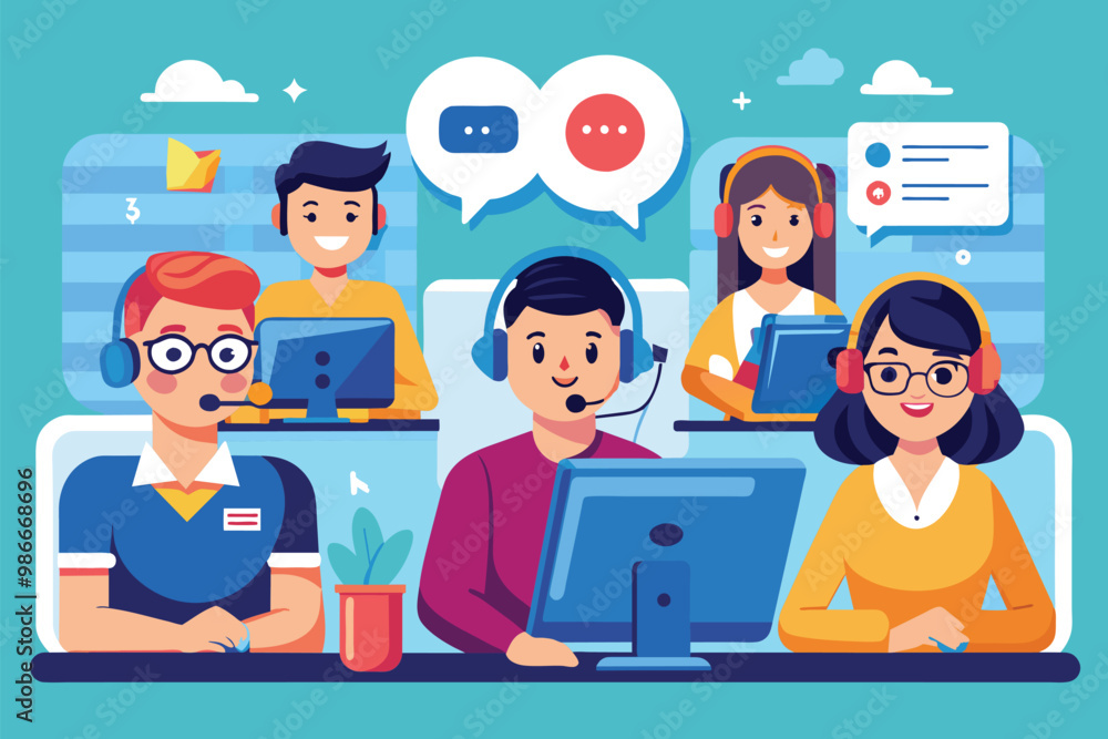 Poster operators engage in customer support using headsets while managing inquiries at their desks, custome
