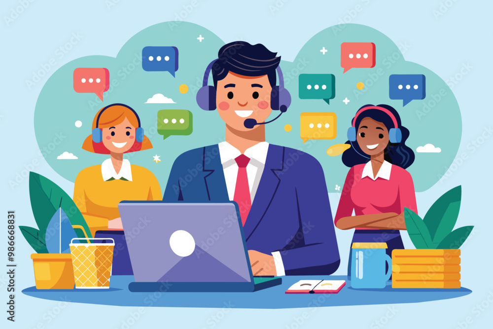 Aufkleber a customer service manager supports two teammates at a call center while handling inquiries, custome