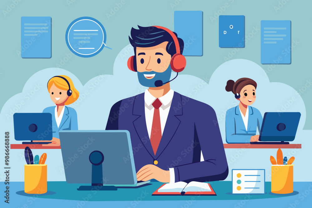 Aufkleber a customer service manager assists team members at a call center, ensuring smooth operations, custom