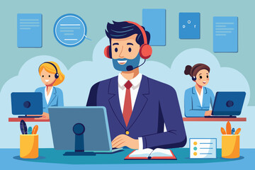 A customer service manager assists team members at a call center, ensuring smooth operations, Customer service manager at a call center hotline assisting clients.