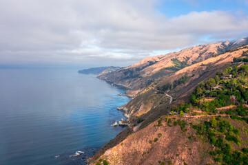 Highway 1 and Big Sur along the Pacific Ocean coast, beautiful landscape and aerial view, sunset, sunrise, fog. Concept, travel, vacation, weekend