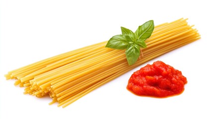 A bunch of pasta with a red sauce and a leaf of basil