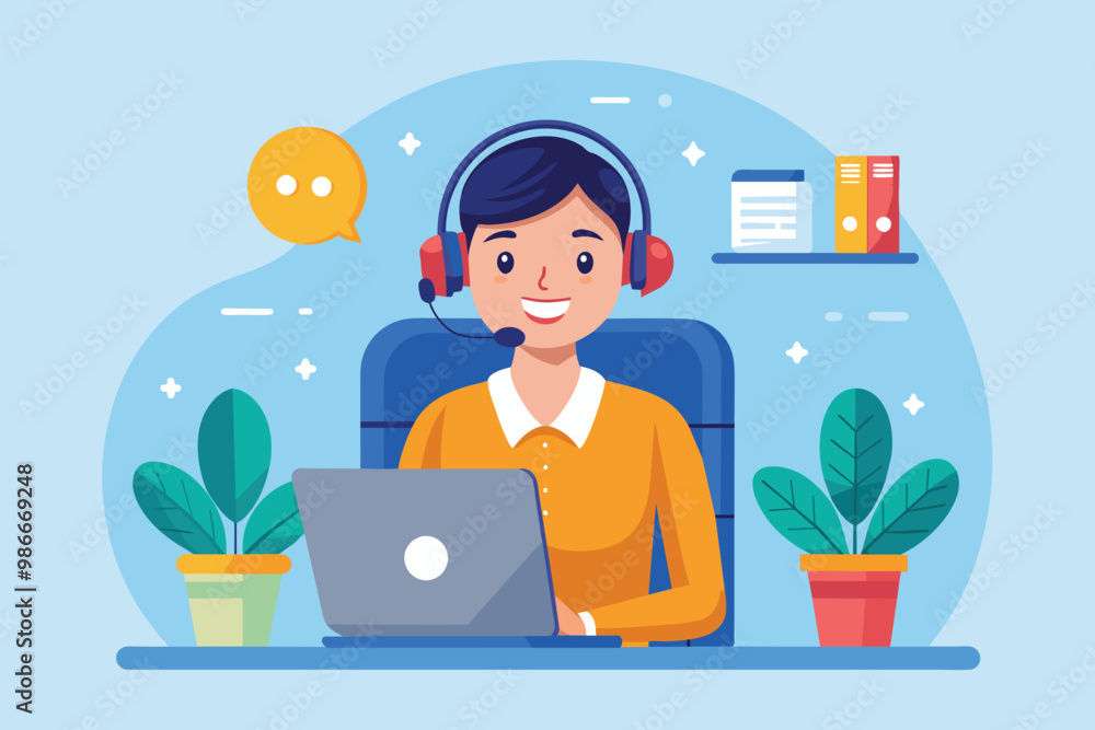 Poster a customer support operator smiles while assisting clients at a call center desk with a laptop and p